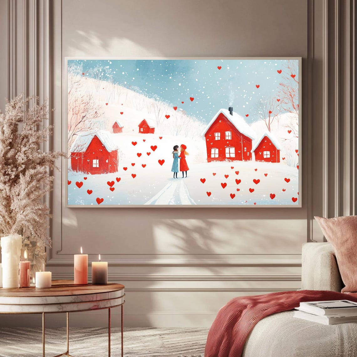 Couple Embracing Snowy Village Red Hearts Valentines Day TV Poster - Image 5