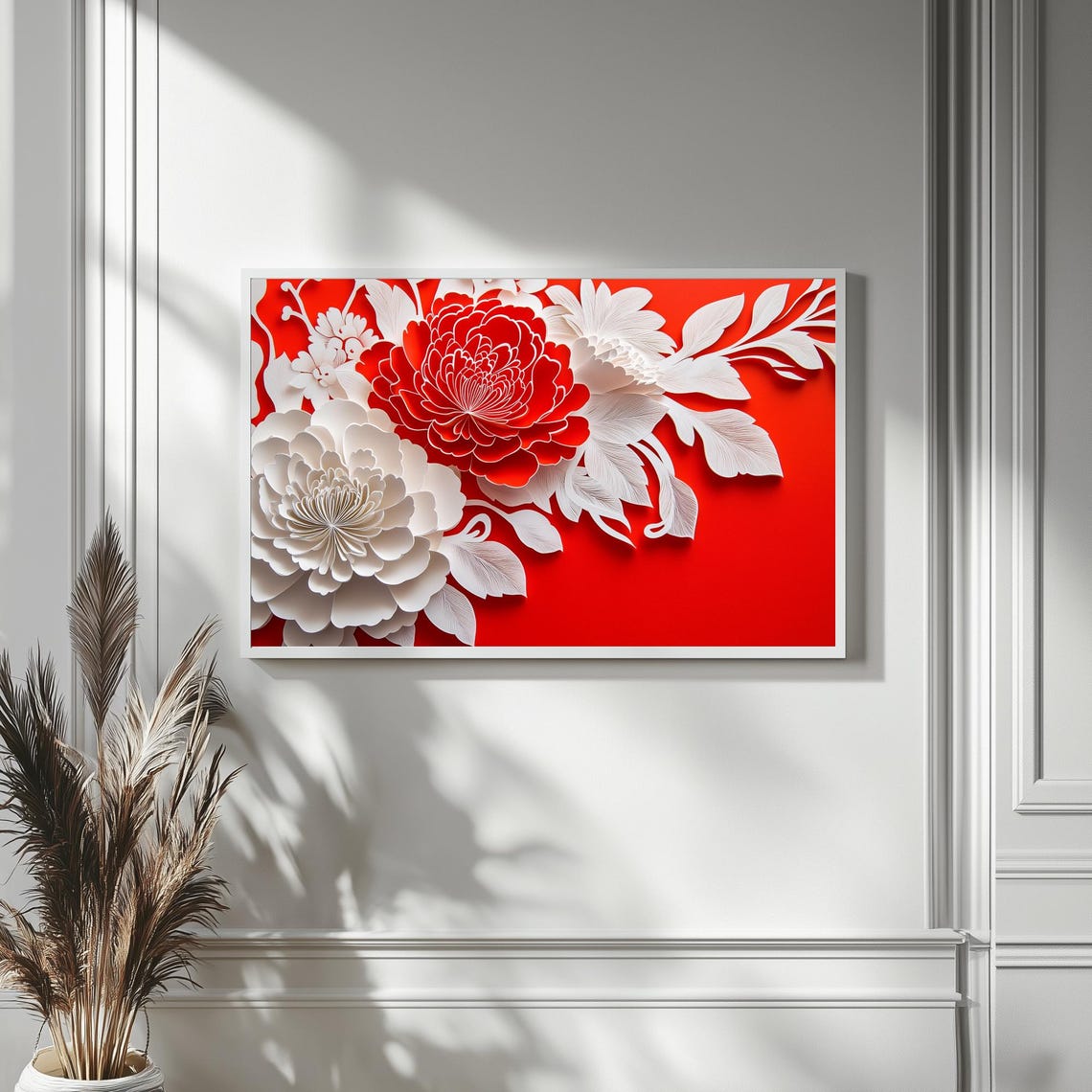 Red White Papercut Peonies Chinese Floral Art Frame TV Poster - Image 4