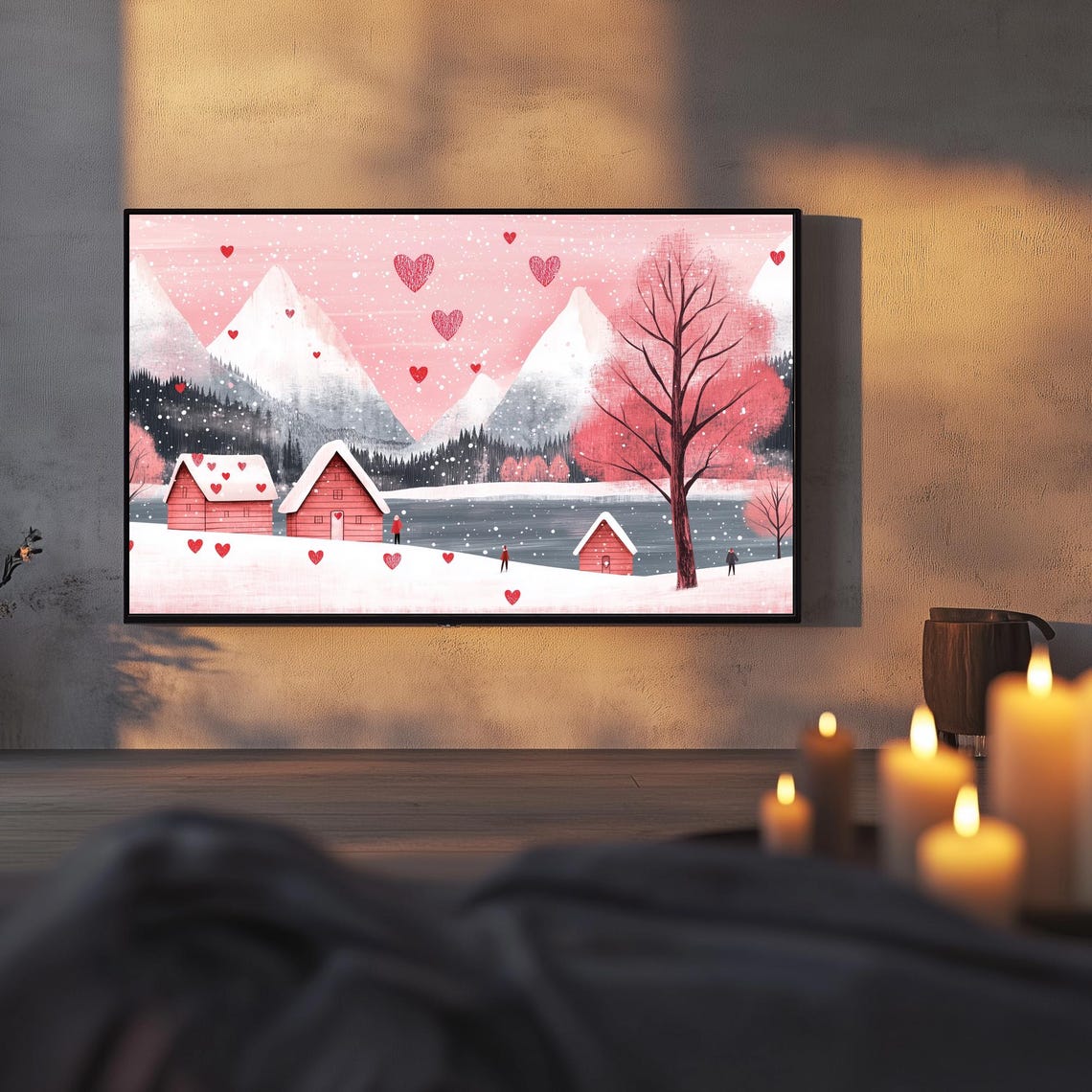 Snowy Lakeside Village Red Cabins Pink Mountains Hearts Wall Art - Image 3