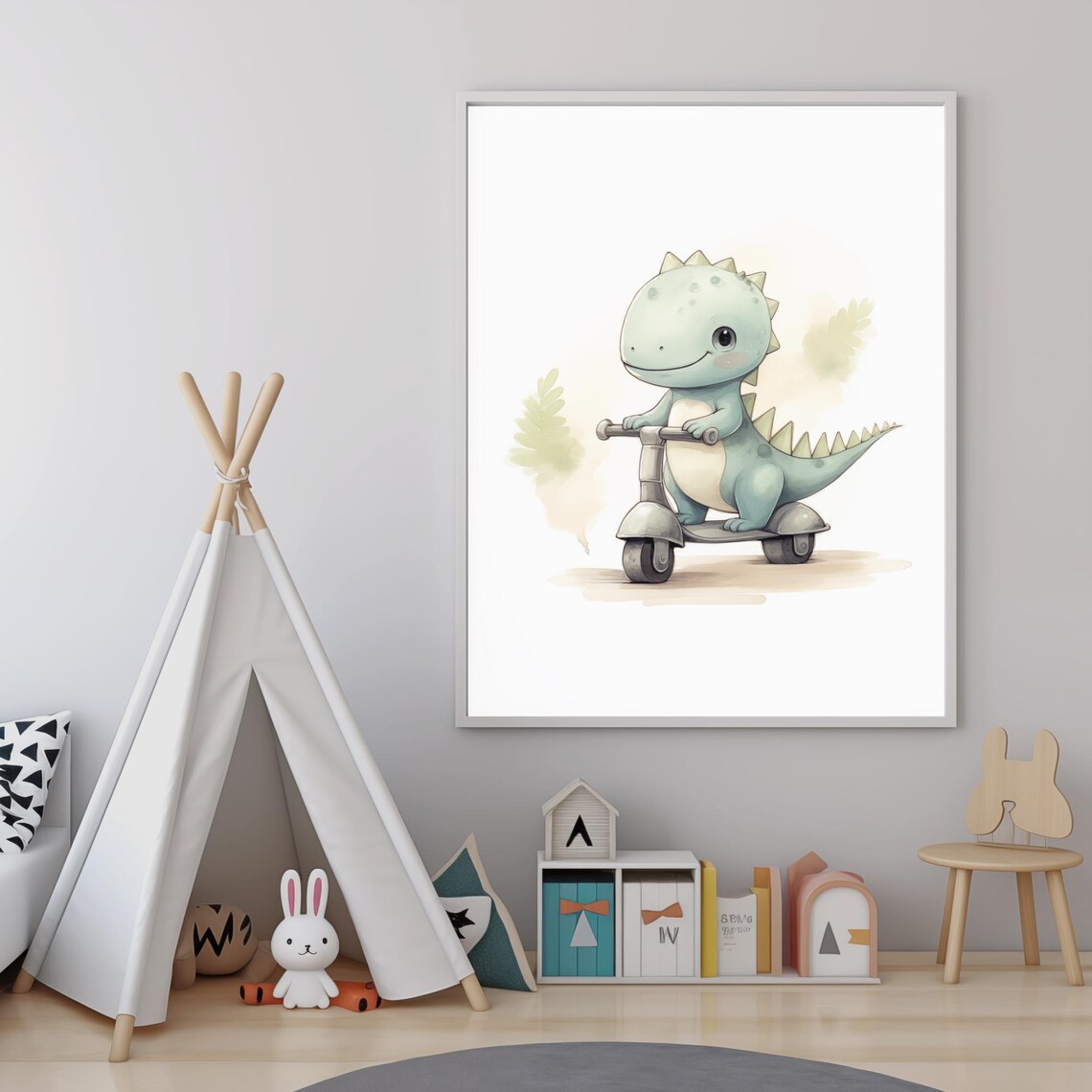 Baby Dinosaur Riding Kick Scooter Cute Watercolor Nursery Wall Art - Image 5