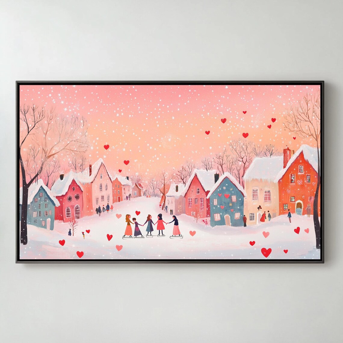 Girls Holding Hands Ice Skating Snowy Village Hearts Galentine Art
