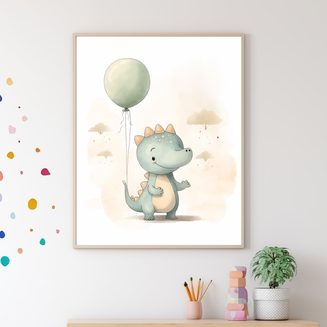 Cute Baby Dinosaur Balloon Watercolor Nursery Kids Room Wall Poster