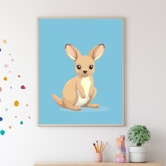 Cute Baby Kangaroo Cartoon Blue Nursery Kids Room Decor Wall Poster