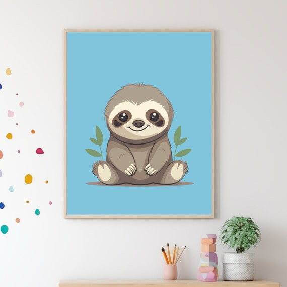 Cute Baby Sloth Cartoon Blue Nursery Jungle Kids Room Wall Poster