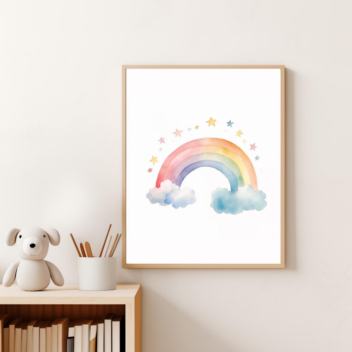 Watercolor Rainbow With Clouds And Stars Nursery Wall Art Poster - Image 3
