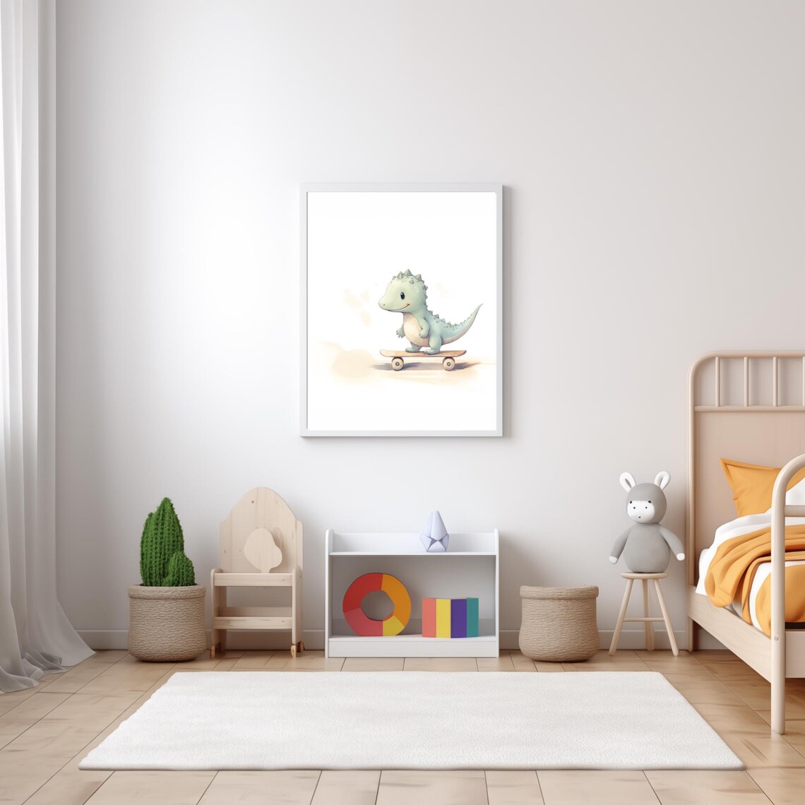 Cute Baby Dinosaur Skateboard Watercolor Kids Room Decor Wall Art - Image 5