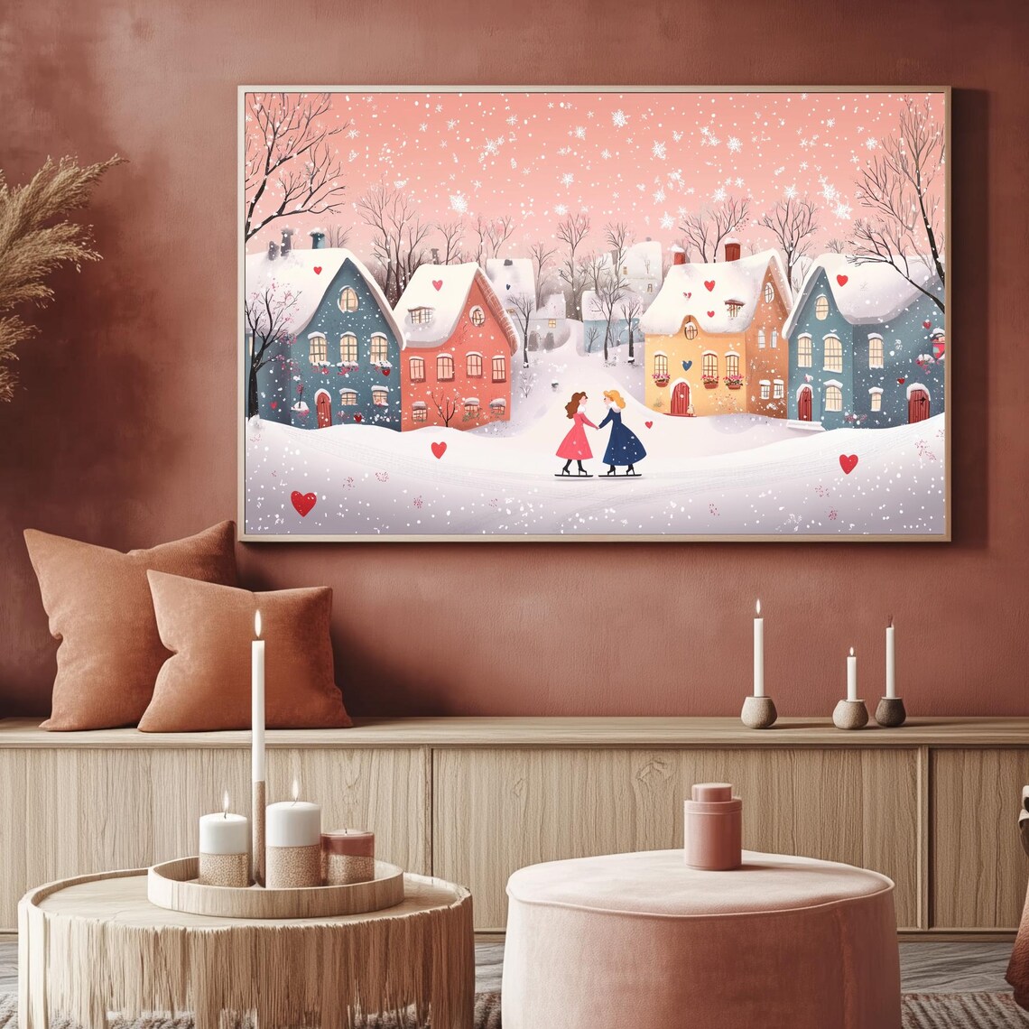 Couple Ice Skating Snowy Village Hearts Valentines Day Art TV Poster - Image 2