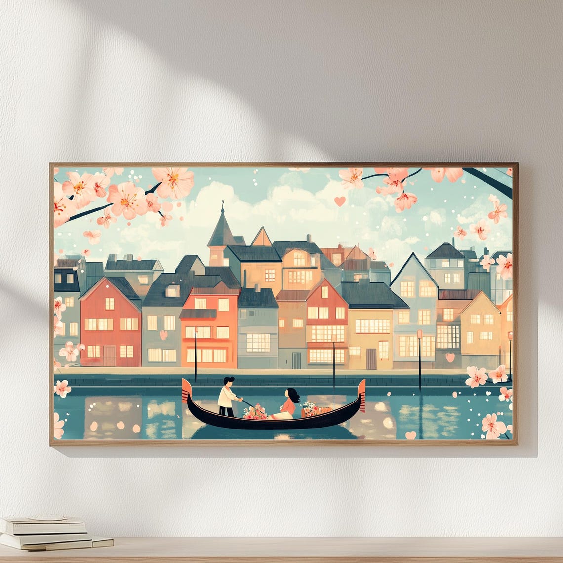 Romantic Couple In Boat On Canal Cherry Blossom Valentine Wall Art