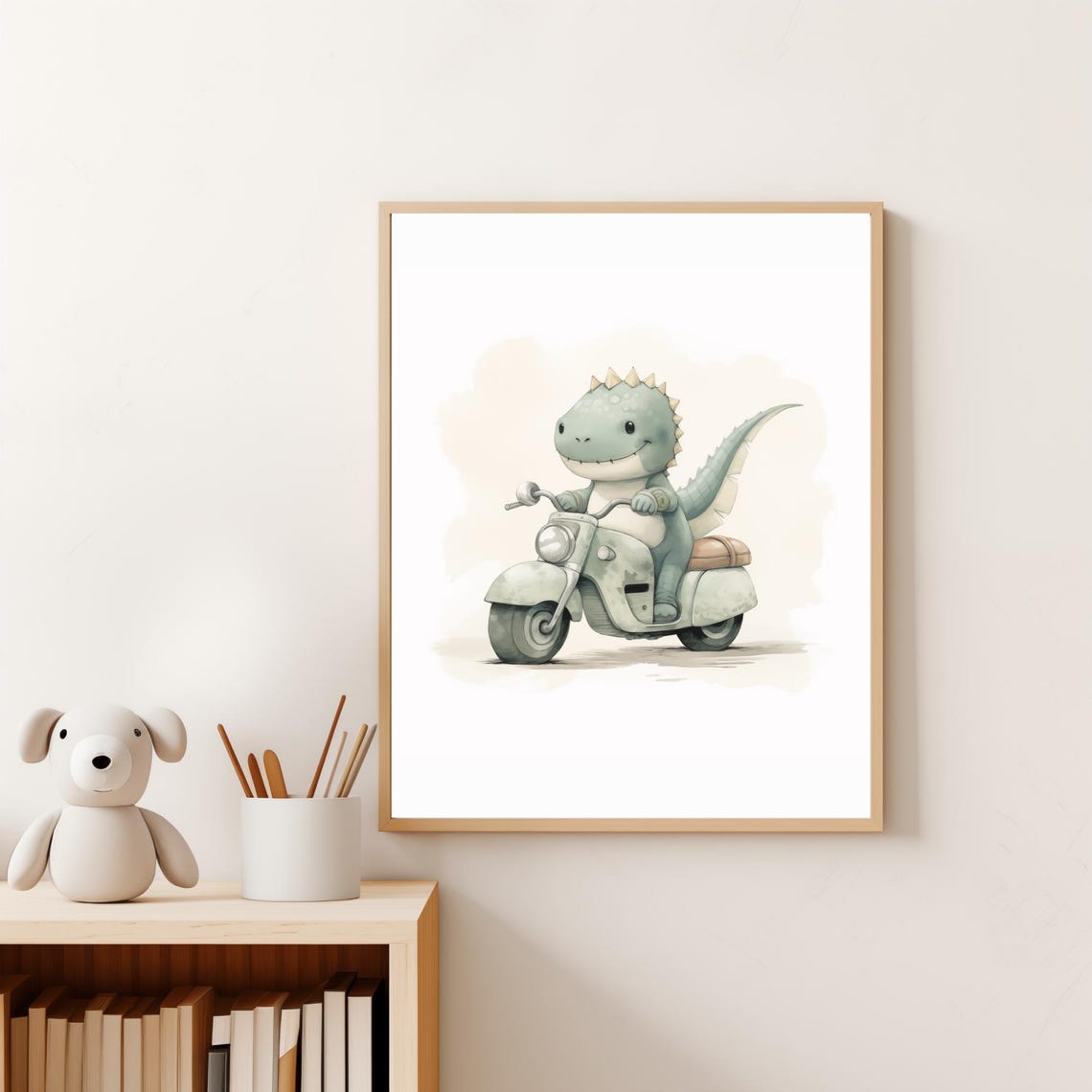 Baby Dinosaur Riding Retro Scooter Watercolor Kids Nursery Wall Art - Image 3
