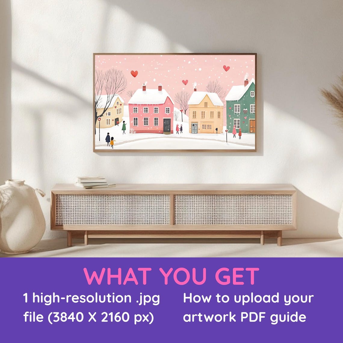 Pink Snowy Valentines Village Hearts Winter Art Frame TV Poster - Image 3