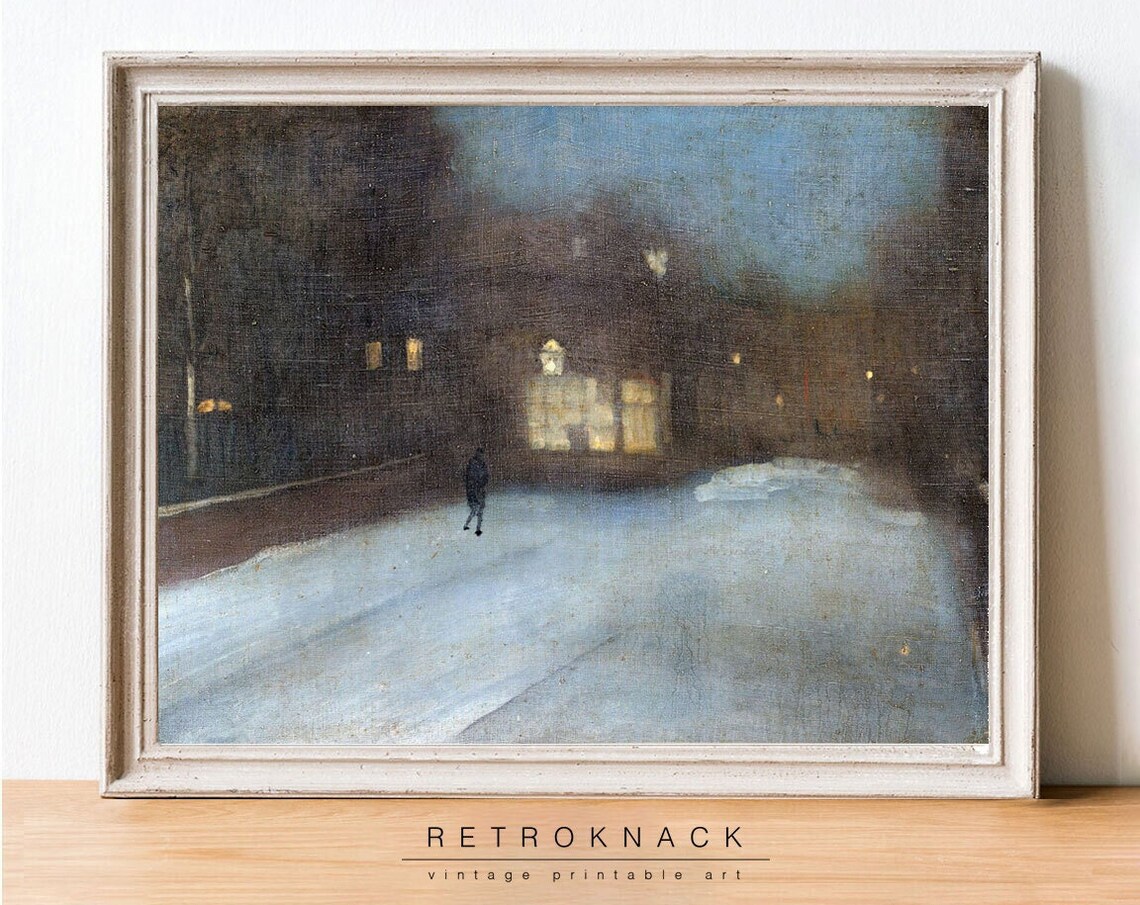 Snowy Night Street Lamp Lit Windows Vintage Winter Oil Painting Poster - Image 2