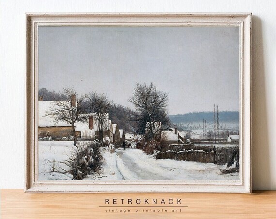 Snowy Winter Village Oil Painting Snow Covered Cottages Vintage Poster