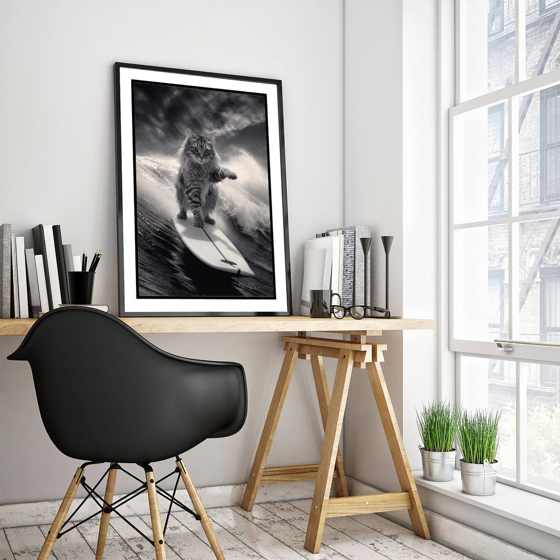 Long Haired Tabby Cat Riding a Surfboard on a Big Wave Photo Poster - Image 3
