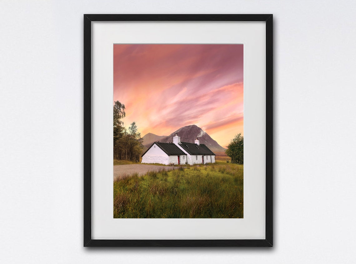 Blackrock Cottage Glencoe Pink Sunset Scotland Landscape Poster