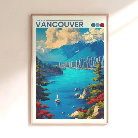 Vancouver Travel Poster Canada Harbour And Mountain Print