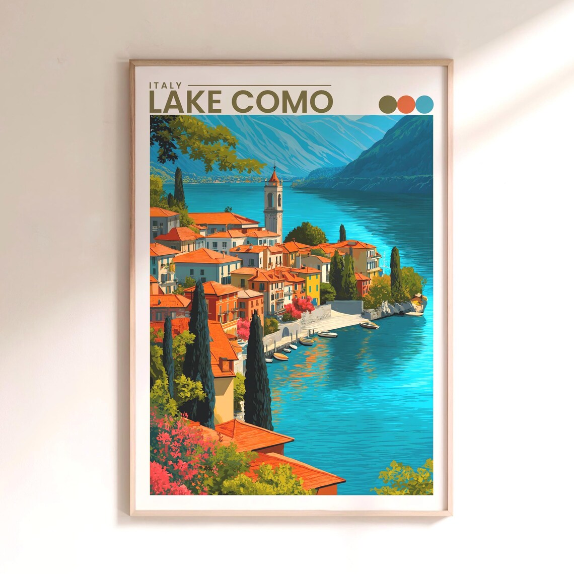 Lake Como Italy Travel Poster Lakeside Village Mountain View