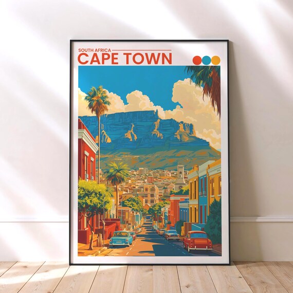 Cape Town South Africa Table Mountain Colorful Street Travel Poster