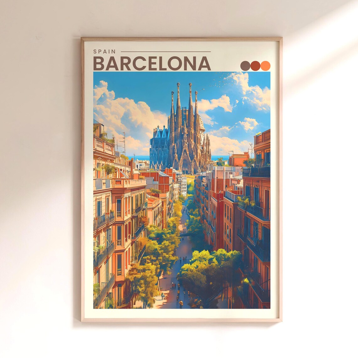 Barcelona Spain Travel Poster Sagrada Familia Street View Scene