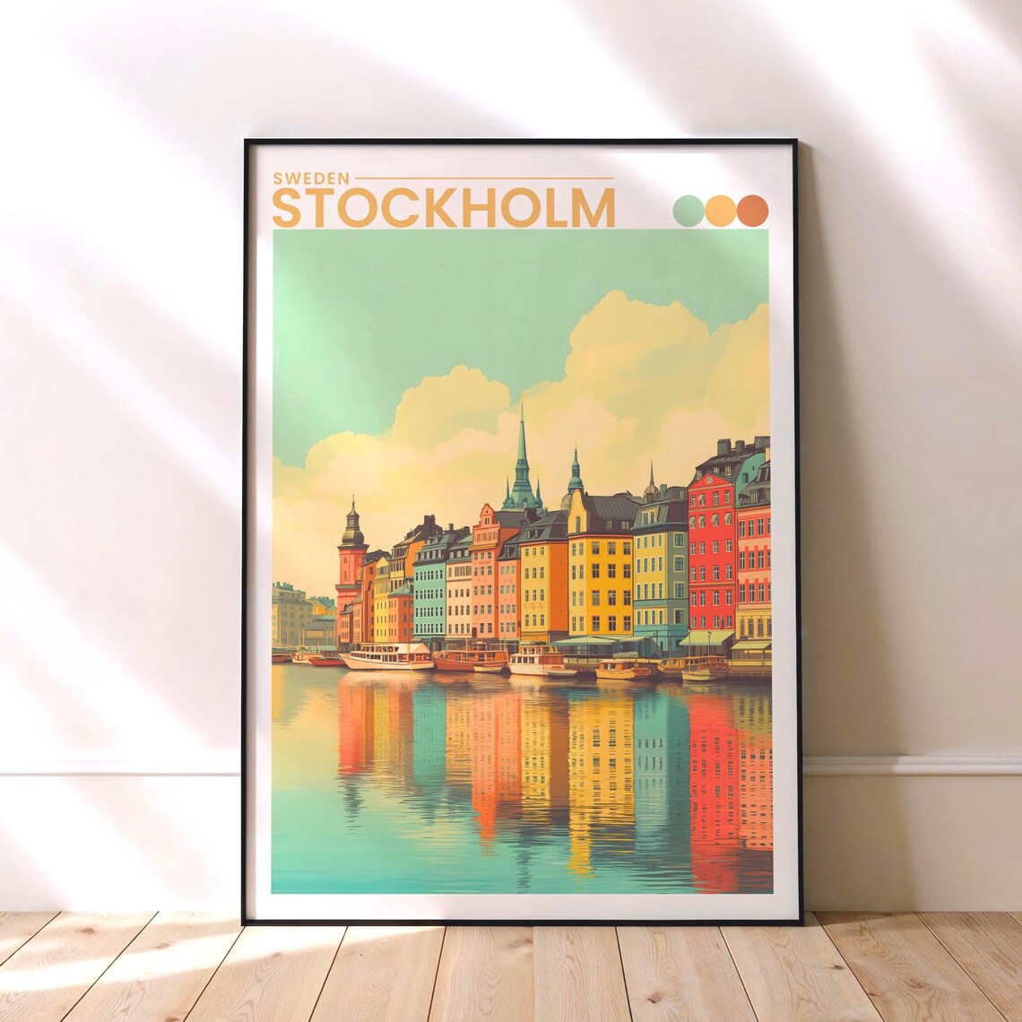 Stockholm Sweden Colorful Gamla Stan Waterfront Houses Travel Poster