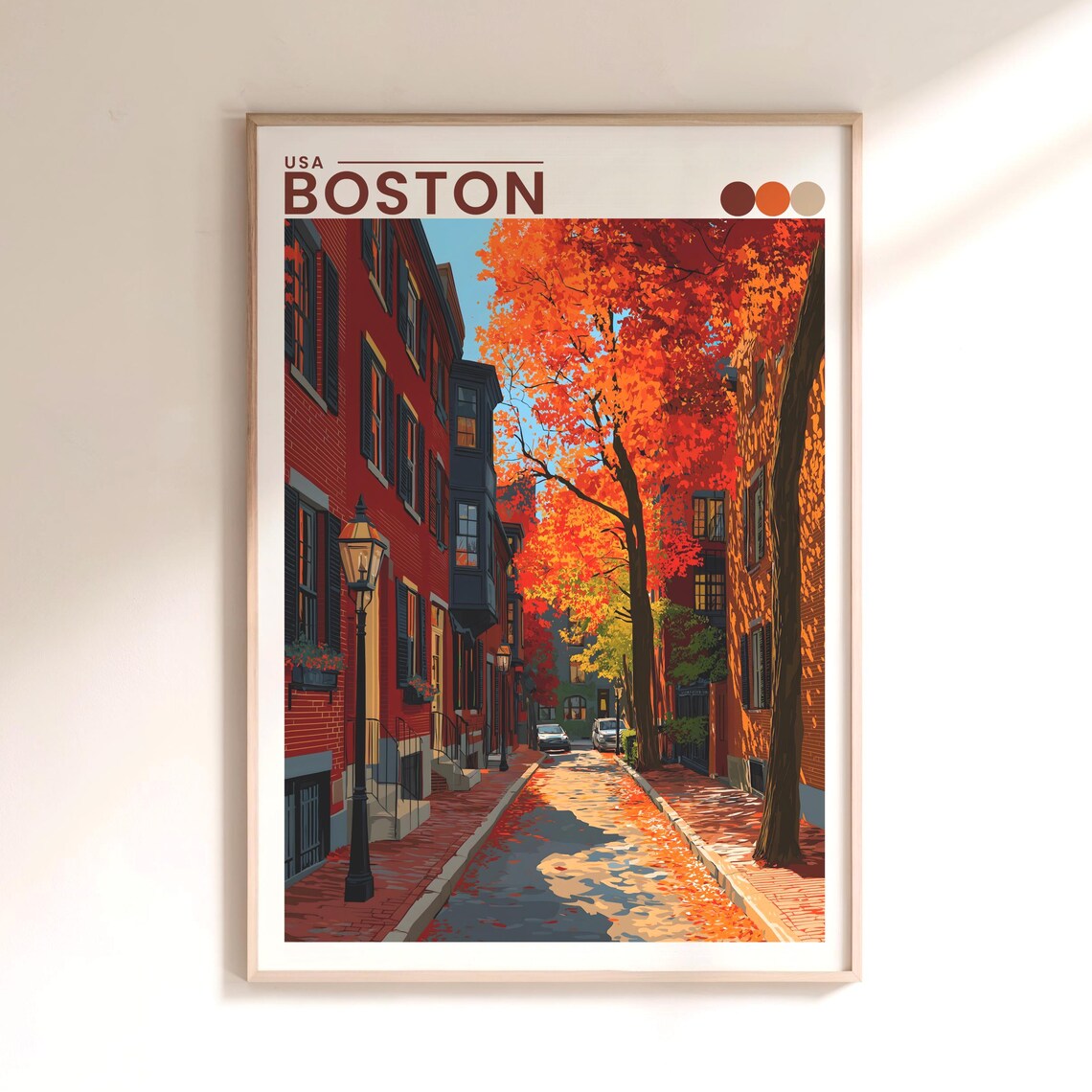 Boston Autumn Travel Poster, Brownstones Fall Foliage