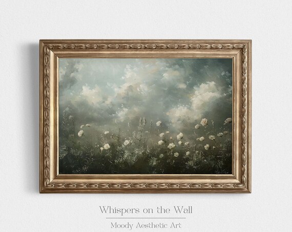 Cloudy Wildflower Landscape Painting Spring Wall Art Moody Art Print Floral Wall Art Cottagecore Decor