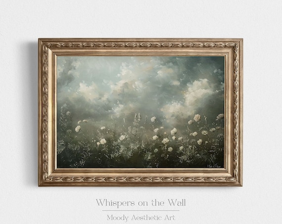 Wildflower Meadow Under Stormy Clouds Moody Landscape Painting Poster