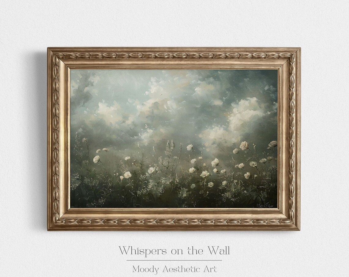 Wildflower Meadow Under Stormy Clouds Moody Landscape Painting Poster