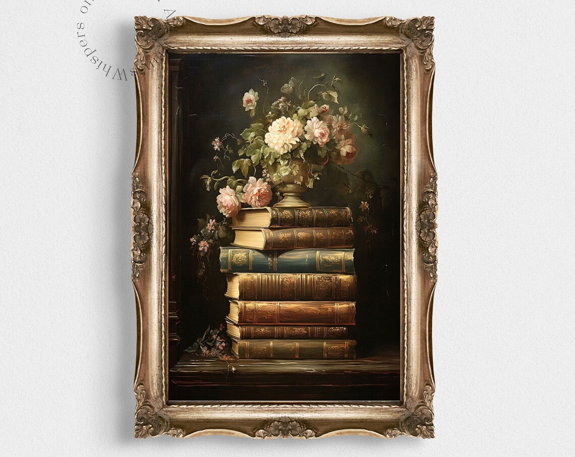 Moody Dark Academia Stacked Books With Blush Roses Vintage Still Life Poster - Image 5