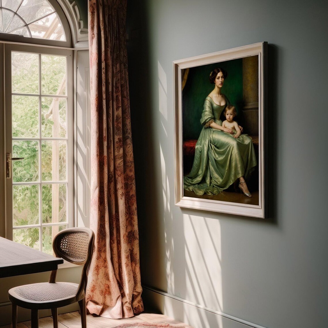 Elegant Mother And Child Green Gown Formal Vintage Portrait Art Poster - Image 2