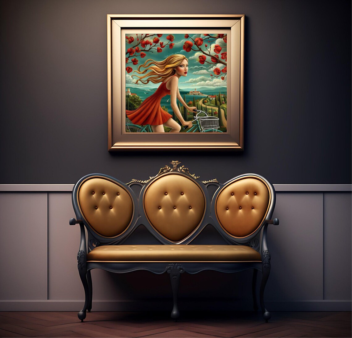 Blonde Woman In Red Dress Cycling Coastal Town Blossoms Surreal Travel Poster - Image 2