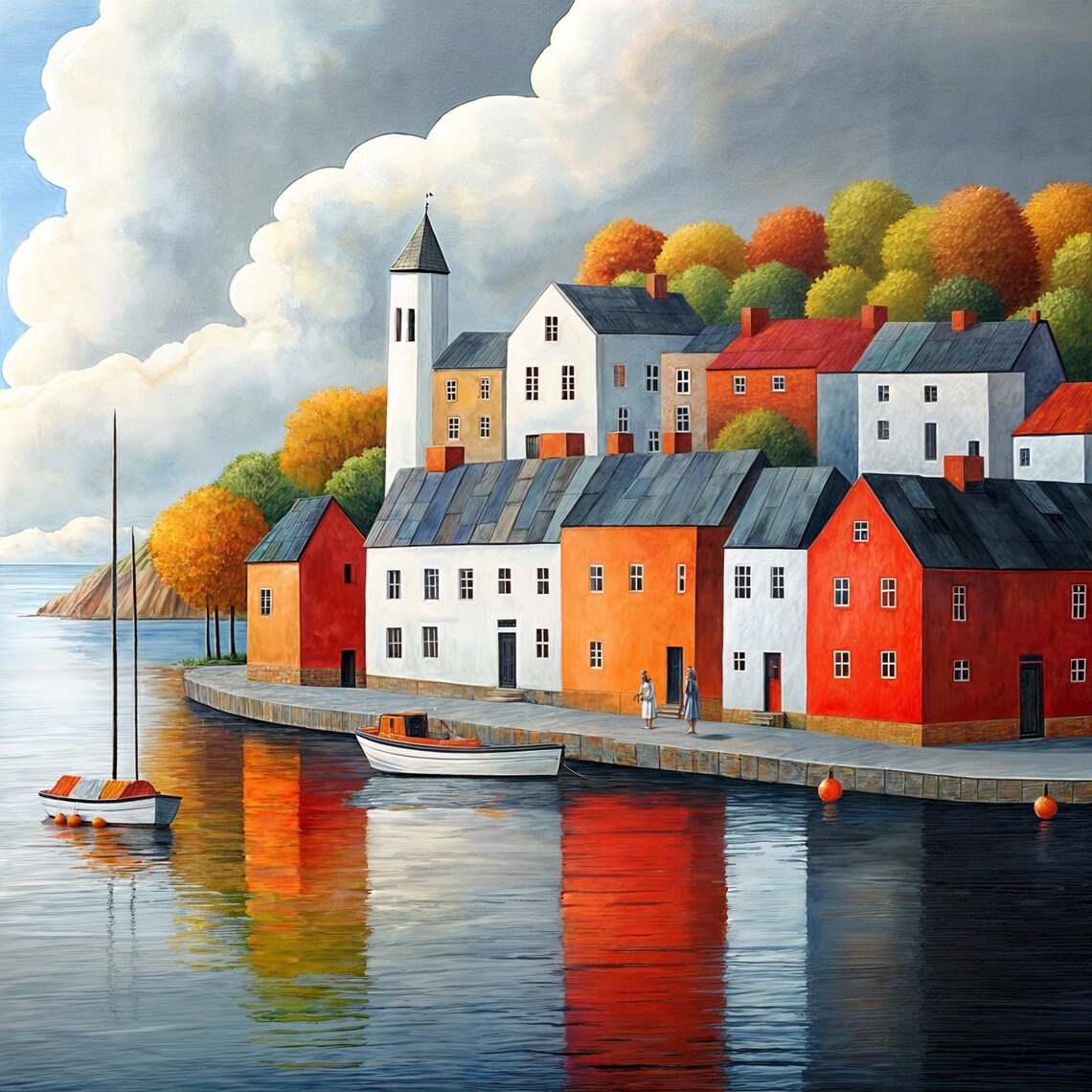 Colorful Harbor Village Houses Sailboats Reflections Wall Art Print - Image 3