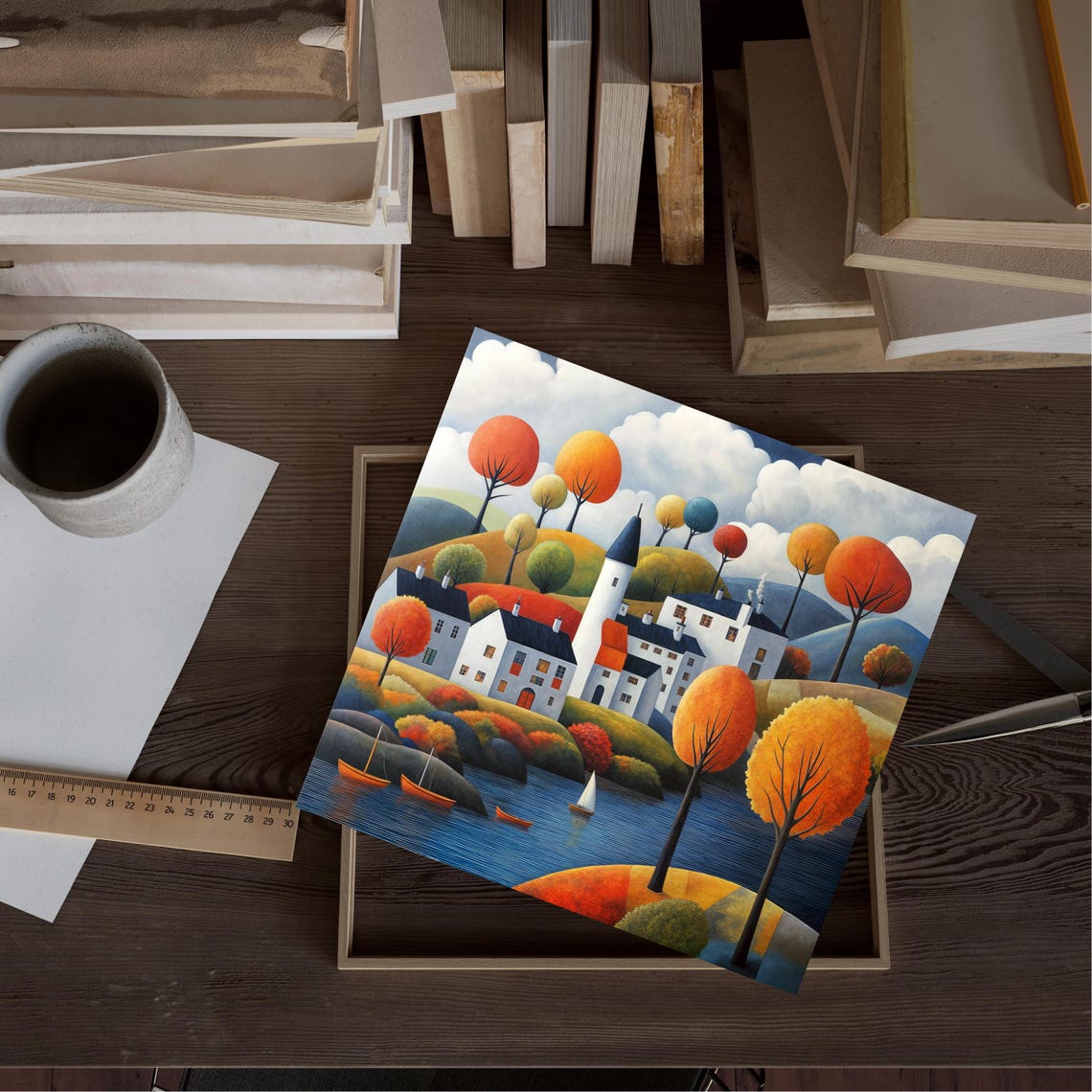 Scenic Village Wall Art Autumn Landscape Print Sailboats And Seaside Houses Print Ocean Art For Living Room Modern Home Decor
