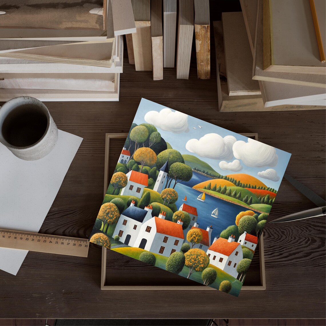 Lakeside Village Cottages Red Roofs Rolling Hills Sailboats Art Poster - Image 2