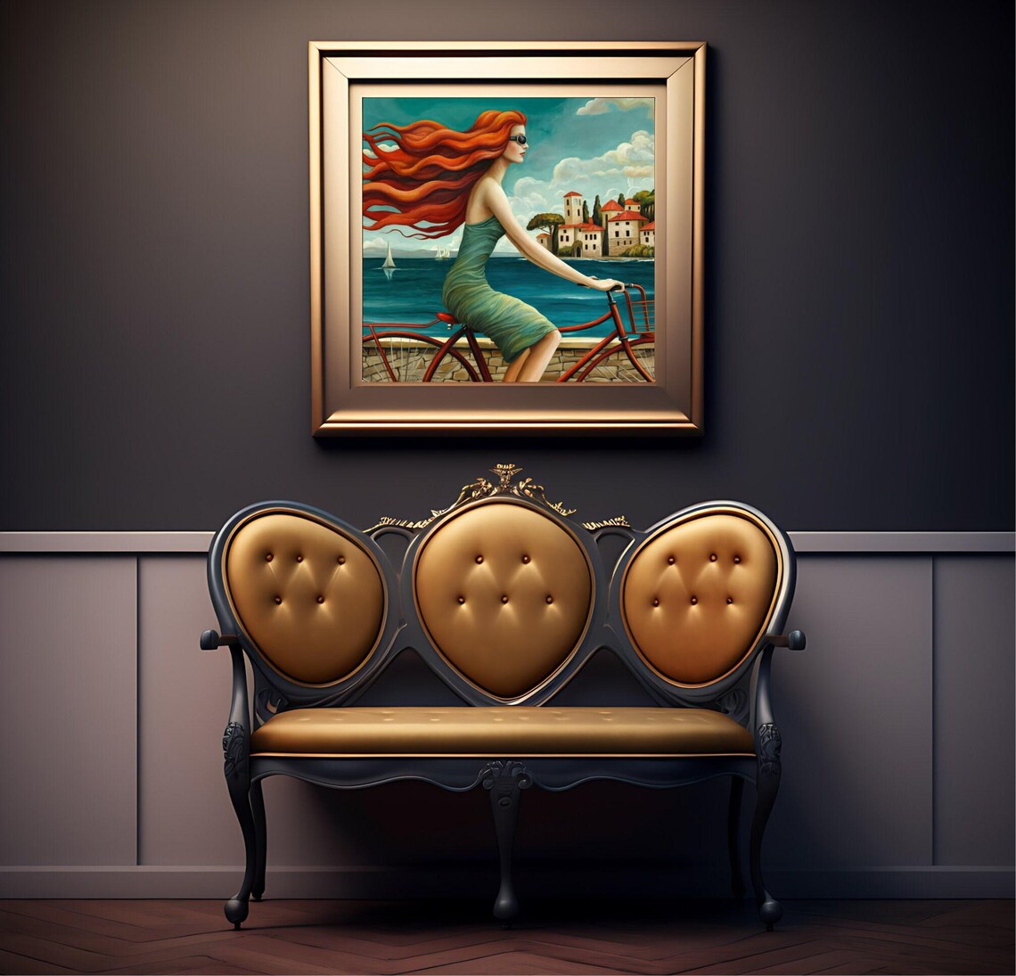 Redhead Woman Cycling By The Sea Teal Dress Coastal Town Summer Poster - Image 3