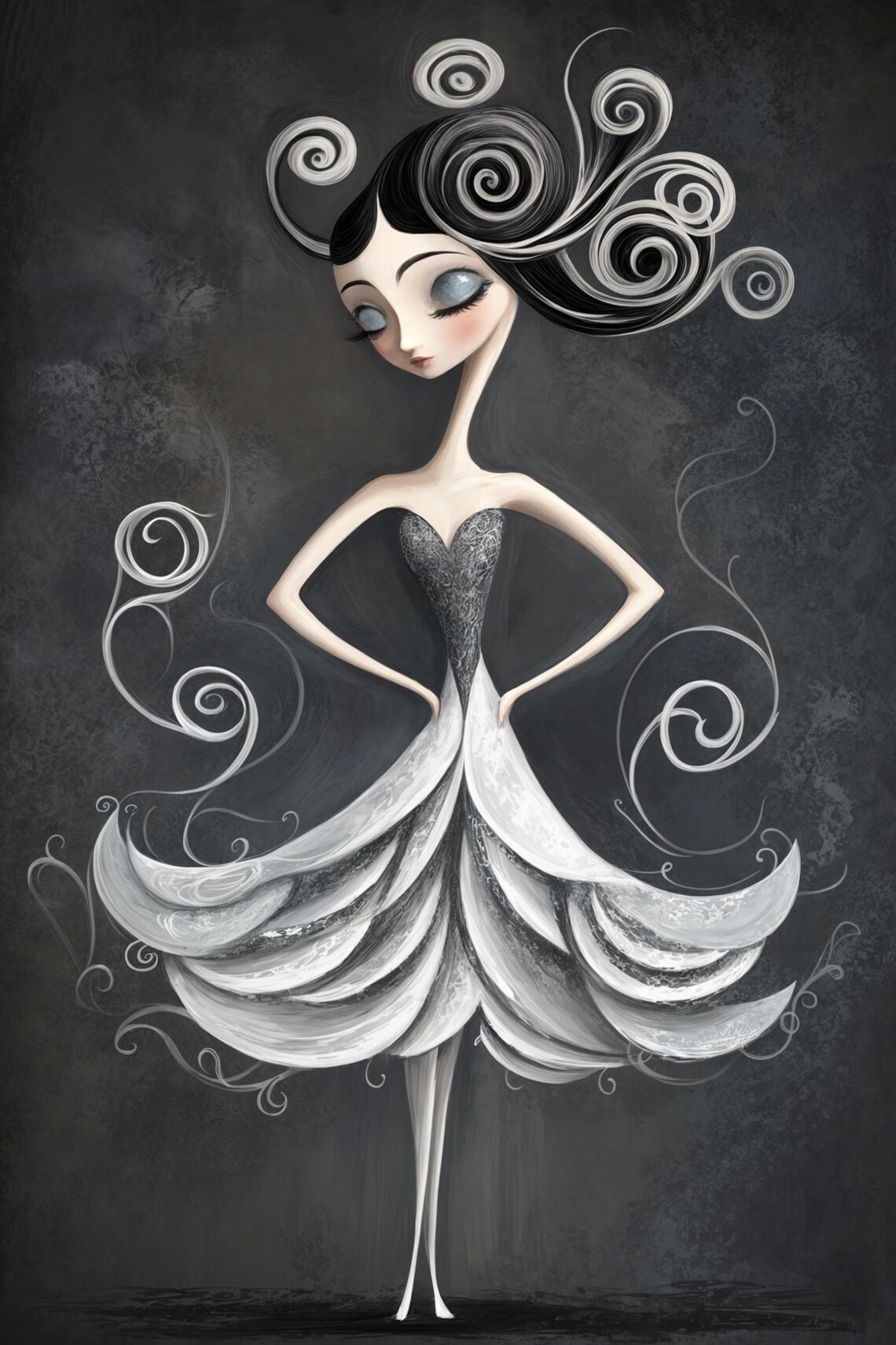 Whimsical Black White Elegant Dancer Swirling Dress Gothic Style Poster - Image 4