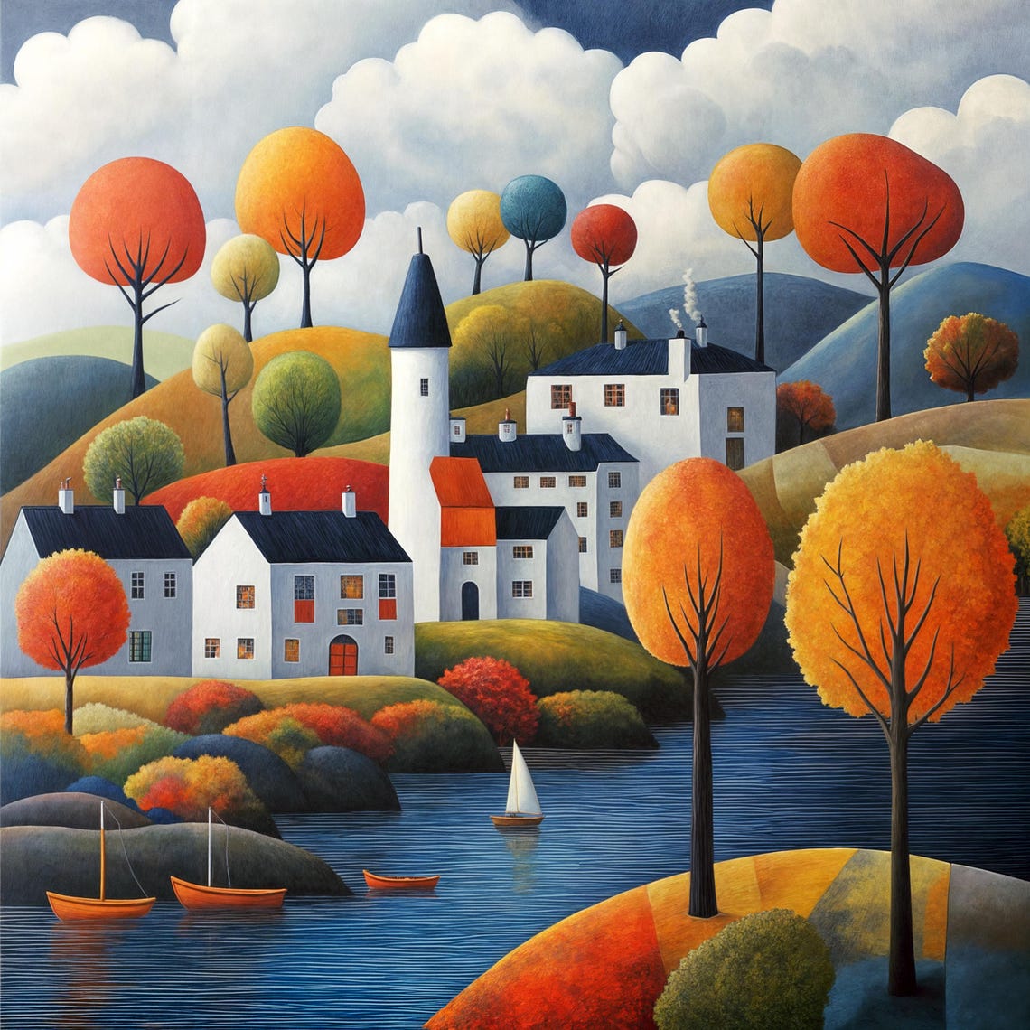 Scenic Village Wall Art Autumn Landscape Print Sailboats And Seaside Houses Print Ocean Art For Living Room Modern Home Decor - Image 3