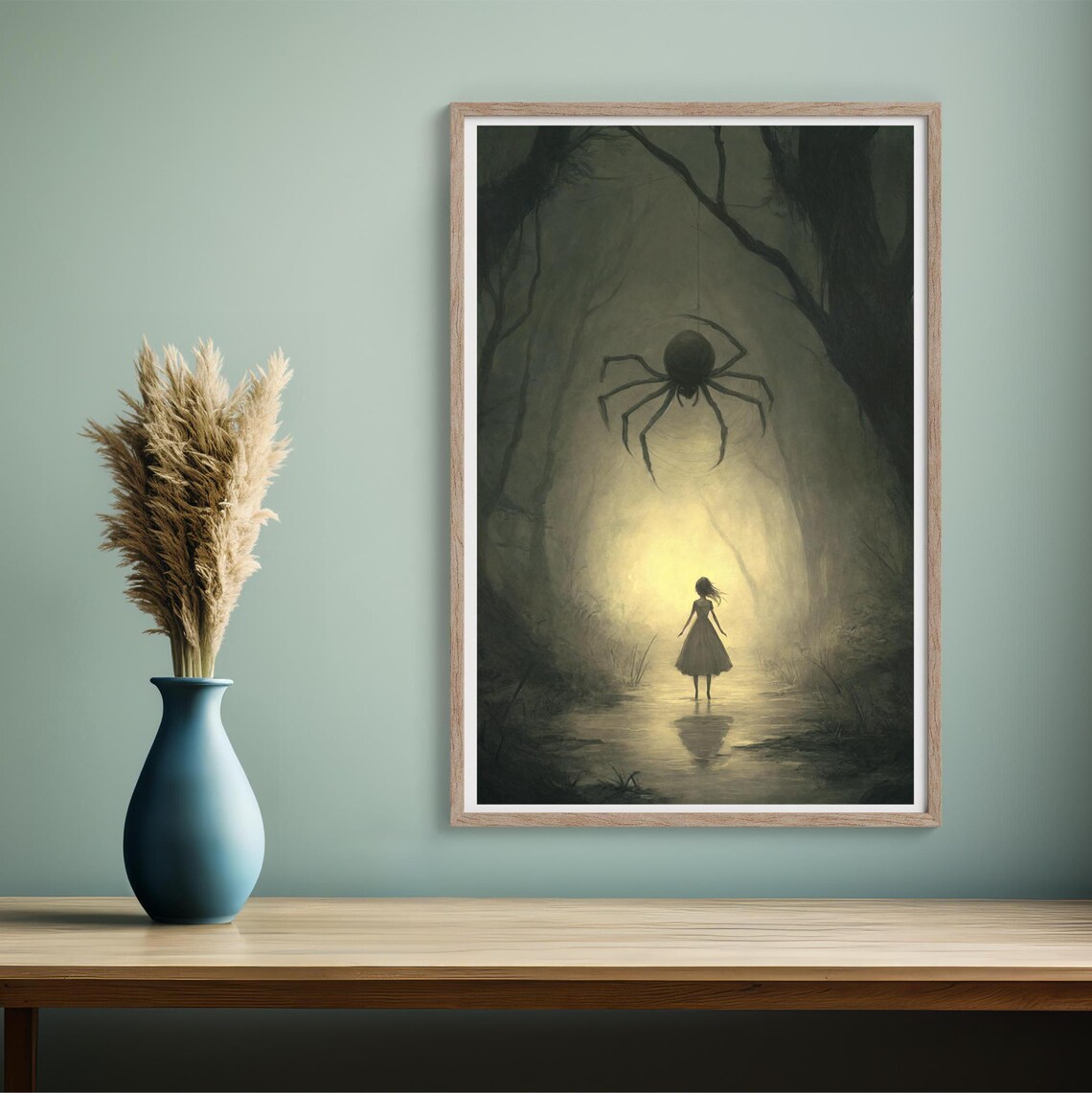 Girl Facing Giant Spider In Misty Swamp Eerie Fantasy Fairytale Art Poster - Image 3