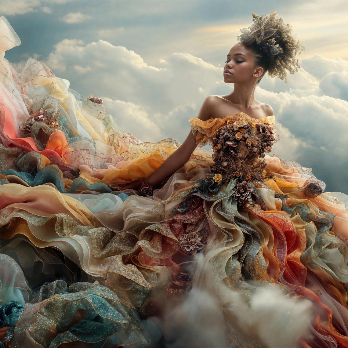 Ethereal Woman In Dream Dress Surreal Fashion Art Print Fantasy Wall Decor Woman In Clouds Gift For Fashion Lover Gift For Her - Image 4