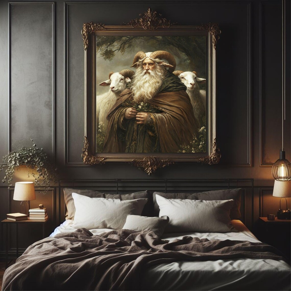 Horned Shepherd With Sheep Dark Fantasy Forest Portrait Art Poster