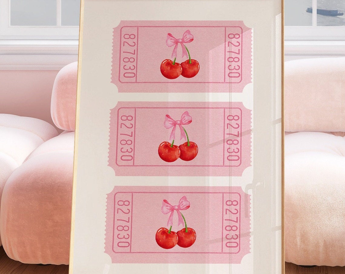 Watercolor Cherry Pink Bow Ticket Stub Coquette Room Decor Poster