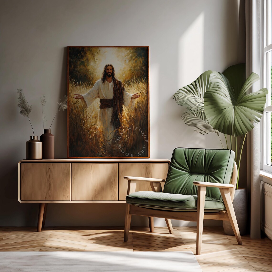 Jesus Standing In Wheat Field Arms Open Golden Harvest Christian Poster - Image 2