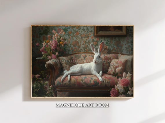 Moody Vintage Easter Bunny Prints Cute Rabbit On Vintage Sofa Easter Wall Art Vintage Rabbit Decoration S118