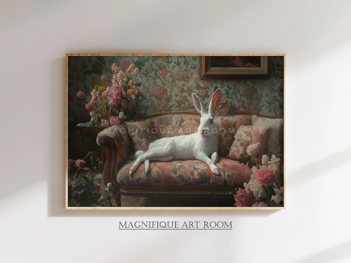 White Rabbit On Vintage Floral Sofa Moody Victorian Room Painting Print