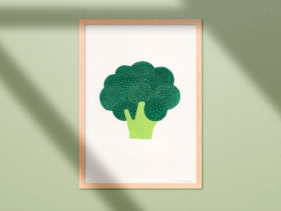Linocut Print Broccoli 21x30 Two Coloured Handmade Linoprint Happy Colourful Vegetable Poster