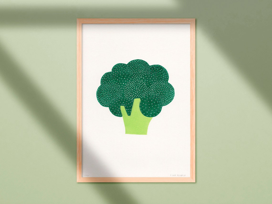 Linocut Print Broccoli 21x30 Two Coloured Handmade Linoprint Happy Colourful Vegetable Poster