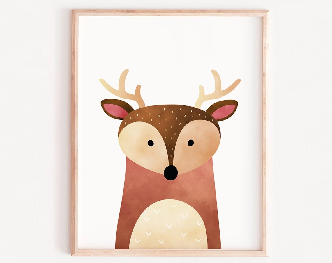Cute Deer Watercolor Woodland Animal Kids Nursery Room Poster