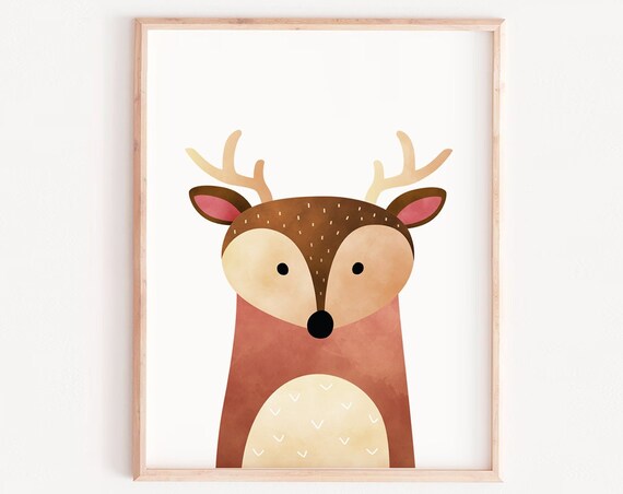 Cute Deer Watercolor Woodland Animal Kids Nursery Room Poster