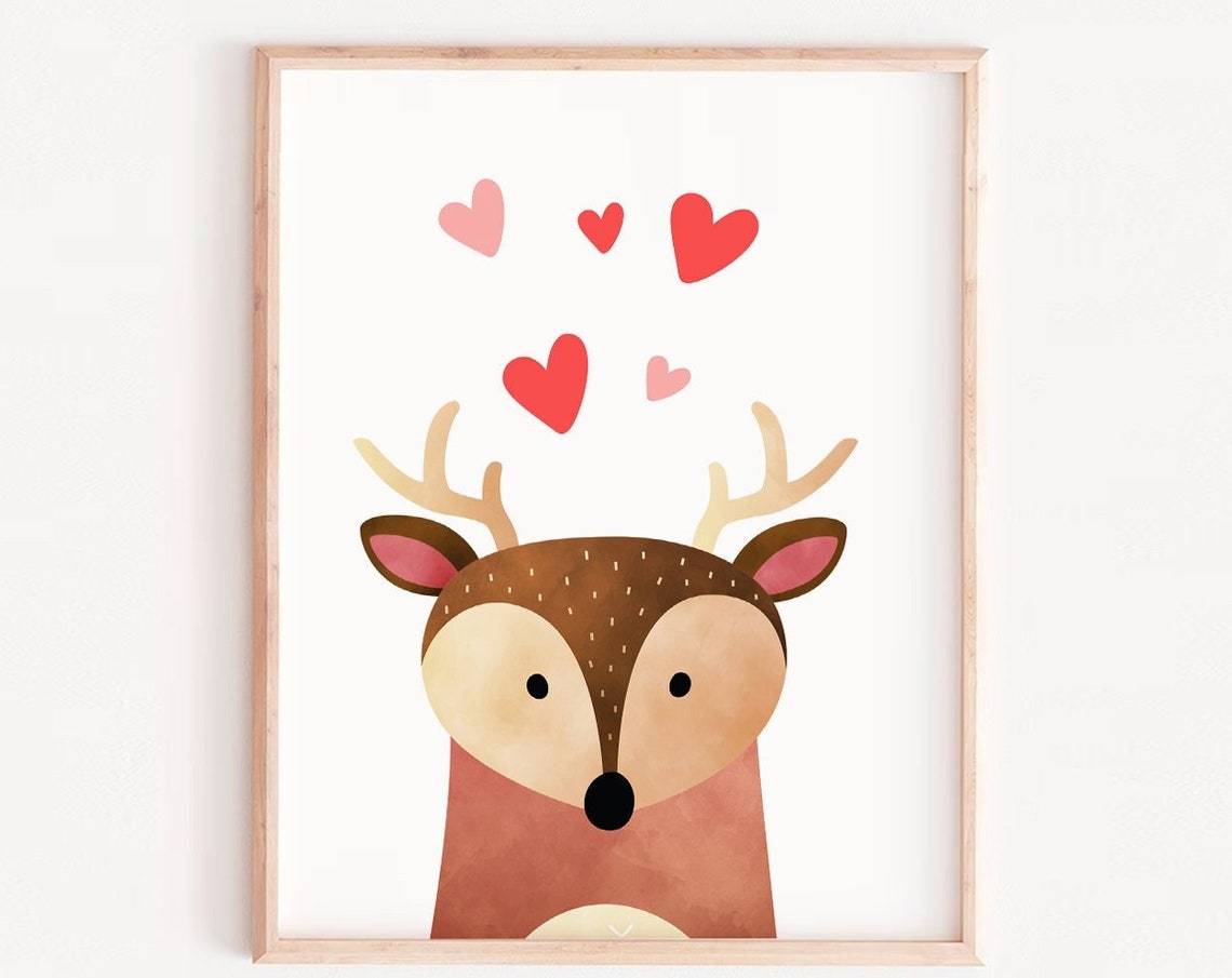 Cute Deer With Hearts Valentine Nursery Kids Room Decor Poster