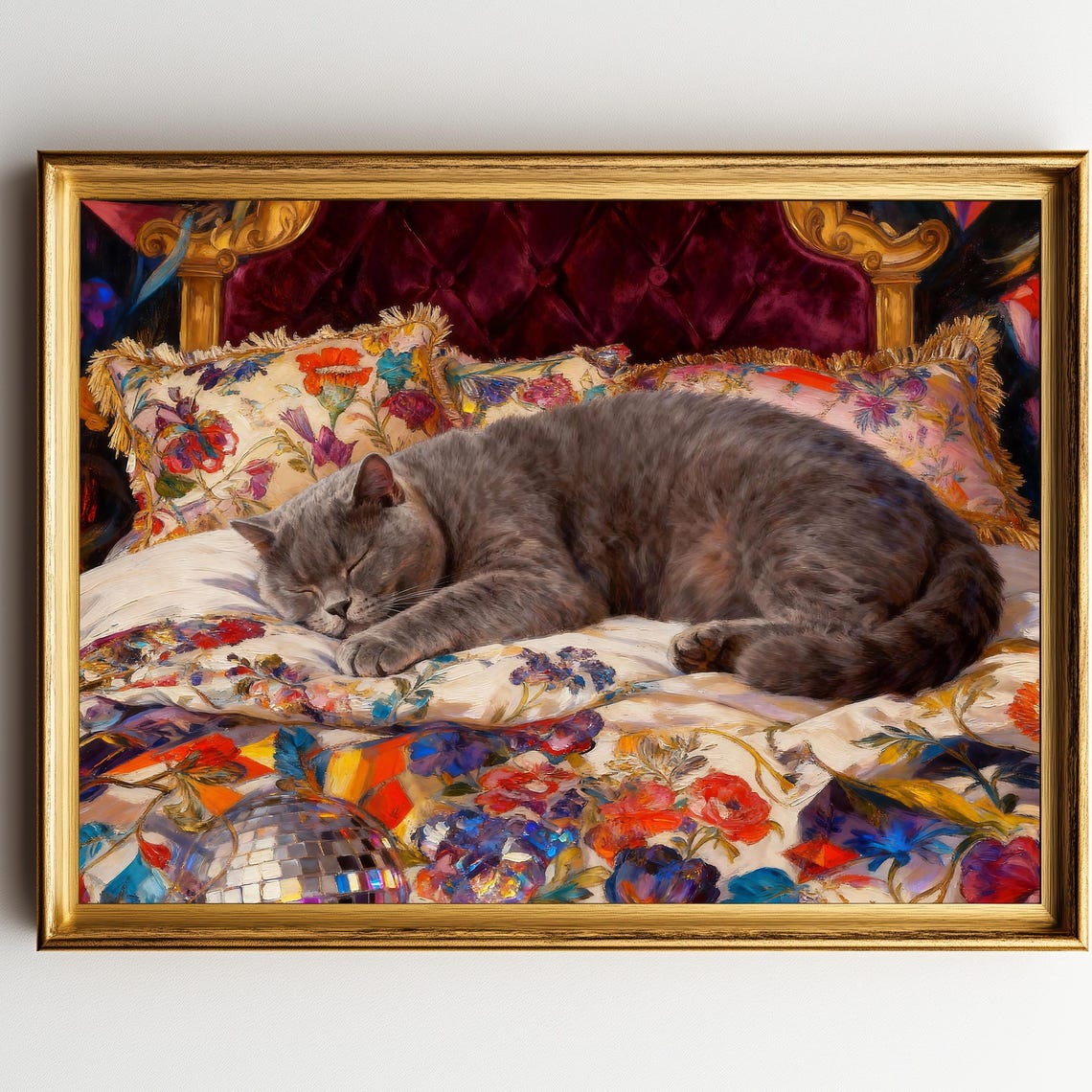 Sleeping Grey Cat on Floral Bedding Cozy Cat Art Decor Poster