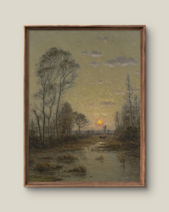 Vintage Autumn Landscape With Sunset Over Misty Marsh Wetlands Poster